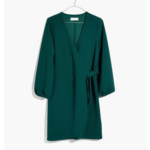 Madewell Faux Wrap Long-Sleeve Side-Tie Mini Stretch Dress Green Size XL - Picture 1 of 13